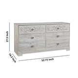 Benzara 6 Drawer Wood Dresser with Floral Carving and Medallion Pulls, Washed White BM227070 White Solid Wood BM227070