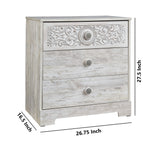 Benzara 3 Drawer Wood Chest with Floral Carving and Medallion Pulls, Washed White BM227071 White Solid Wood BM227071