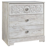 Benzara 3 Drawer Wood Chest with Floral Carving and Medallion Pulls, Washed White BM227071 White Solid Wood BM227071