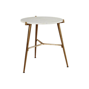 Benzara Round Marble Top  Accent Table with Angled Metal Legs, Gold and White BM227082 White, Gold Metal, Marble BM227082