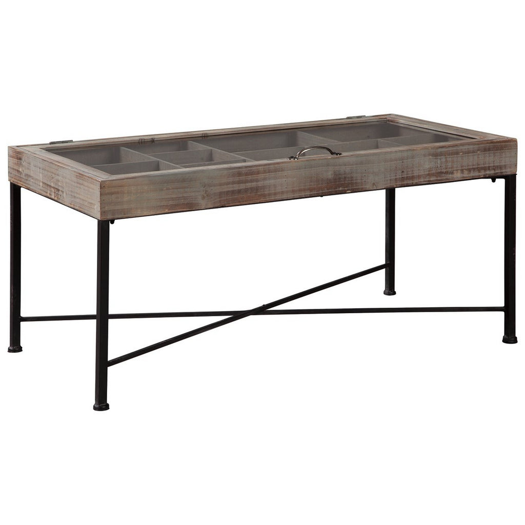 Benzara 10 Storage Cubbies Accent Cocktail Table with Hinged Glass Opening, Gray BM227098 Gray Solid wood BM227098