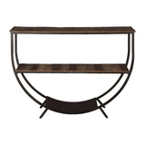 Benzara Curved Metal Frame Console Sofa Table with Plank Shelves, Distressed Brown BM227107 Brown Solid wood, Metal, Engineered wood BM227107