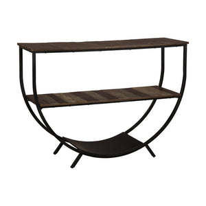 Benzara Curved Metal Frame Console Sofa Table with Plank Shelves, Distressed Brown BM227107 Brown Solid wood, Metal, Engineered wood BM227107