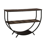 Benzara Curved Metal Frame Console Sofa Table with Plank Shelves, Distressed Brown BM227107 Brown Solid wood, Metal, Engineered wood BM227107