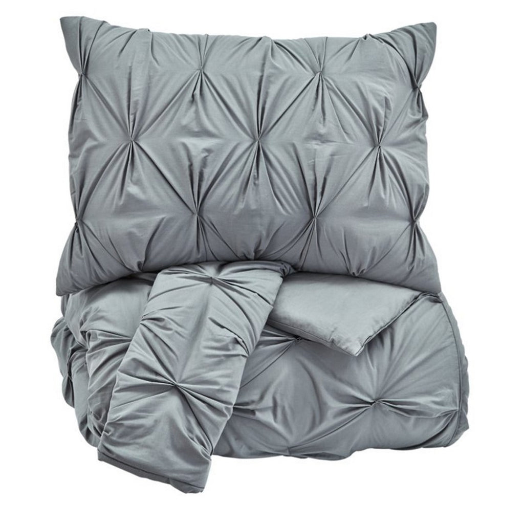Benzara Fabric Queen Size Quilt Set with Pintuck Design and 2 Shams, Gray BM227126 Gray Fabric BM227126