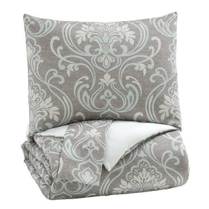 Benzara Fabric King Size Quilt Set with Scroll Floral Motifs and 2 Shams, Gray BM227133 Gray Fabric BM227133