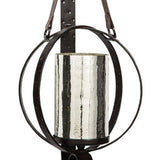 Benzara Intersected Round Metal Wall Sconce with Mercury Glass Hurricane, Bronze BM227142 Bronze Metal, Mercury Glass and Leather BM227142