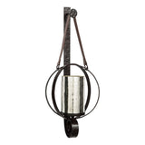 Benzara Intersected Round Metal Wall Sconce with Mercury Glass Hurricane, Bronze BM227142 Bronze Metal, Mercury Glass and Leather BM227142