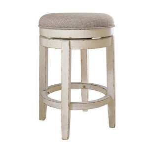 Benzara Swivel Backless Barstool with Fabric Cushioned Seat, Antique White BM227172 White Solid Wood and Fabric BM227172