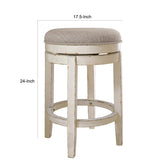 Benzara Swivel Backless Barstool with Fabric Cushioned Seat, Antique White BM227172 White Solid Wood and Fabric BM227172