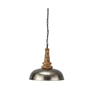 Benzara Metal Dome Pendant Light with Turned Wood Accented Top, Antique Silver BM227176 Silver Metal and Solid Wood BM227176