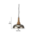 Benzara Metal Dome Pendant Light with Turned Wood Accented Top, Antique Silver BM227176 Silver Metal and Solid Wood BM227176