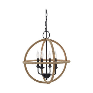 Benzara Intersected Round Metal Pendant Light with Jute Wrapping, Black and Brown BM227180 Brown and Black Metal BM227180