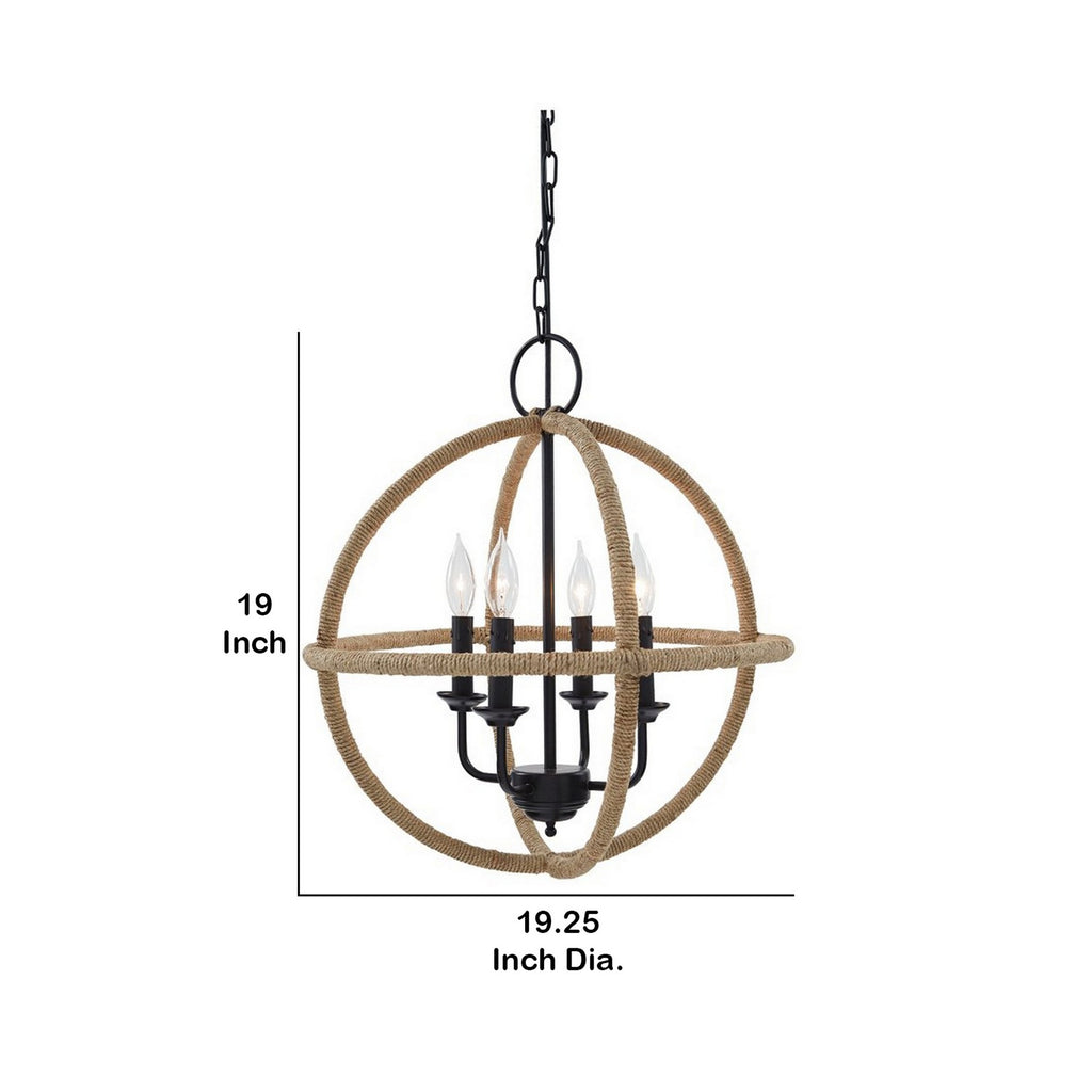 Benzara Intersected Round Metal Pendant Light with Jute Wrapping, Black and Brown BM227180 Brown and Black Metal BM227180
