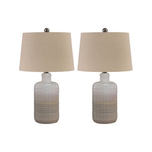 Benzara Ceramic Body Table Lamp with Brushed Details, Set of 2, Beige and White BM227188 Beige and White Ceramic and Fabric BM227188