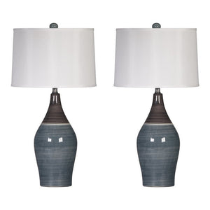 Benzara Pot Bellied Ceramic Table Lamp with Brushed Details,Set of 2,Gray and White BM227189 Gray and White Ceramic and Fabric BM227189