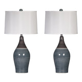 Pot Bellied Ceramic Table Lamp with Brushed Details,Set of 2,Gray and White