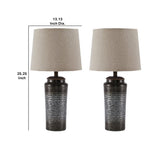 Benzara Ribbed Design Metal Body Table Lamp with Tapered Fabric Shade,Set of 2,Gray BM227191 Gray Metal and Fabric BM227191