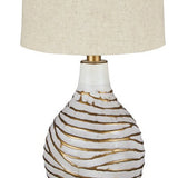 Benzara Pot Bellied Metal Table Lamp with Textured Golden Embellishment, White BM227194 White Metal and Fabric BM227194