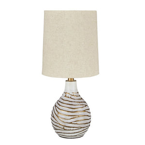 Benzara Pot Bellied Metal Table Lamp with Textured Golden Embellishment, White BM227194 White Metal and Fabric BM227194