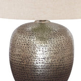 Benzara Bellied metal Body Table Lamp with Splotched Details, Brass and Cream BM227196 Brass and Cream Metal and Fabric BM227196