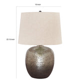 Benzara Bellied metal Body Table Lamp with Splotched Details, Brass and Cream BM227196 Brass and Cream Metal and Fabric BM227196