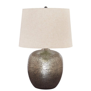 Benzara Bellied metal Body Table Lamp with Splotched Details, Brass and Cream BM227196 Brass and Cream Metal and Fabric BM227196