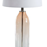 Benzara Glass Table Lamp with Fabric Drum Shade, White and Pink BM227211 Pink, White Metal, Glass, Fabric BM227211