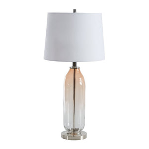 Benzara Glass Table Lamp with Fabric Drum Shade, White and Pink BM227211 Pink, White Metal, Glass, Fabric BM227211