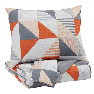 Benzara 3 Piece Fabric Full Coverlet Set with Geometric Print, Gray and Orange BM227234 Gray and Orange Fabric BM227234