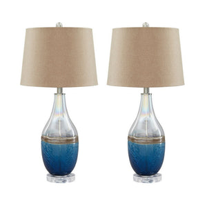 Benzara Vase Shape Frame Table Lamp with Fabric Shade, Set of 2, Beige and Blue BM227353 Beige and Blue Glass and Fabric BM227353