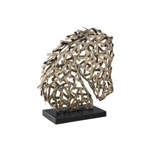 Benzara Grid Design Metal Frame Horse Sculpture with Stable Base, Gold and Black BM227403 Gold and Black Metal BM227403