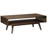 Wooden Cocktail Table with Open Bottom Shelf and Angled Legs, Brown