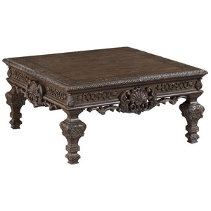 Benzara Traditional Square Wooden Cocktail Table with Carved Details, Brown BM227429 Brown Solid Wood and Veneer BM227429