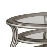 Benzara Oval Wooden and Glass Cocktail Table 2 Open Bottom Shelves, Antique Silver BM227434 Silver Solid Wood and Glass BM227434