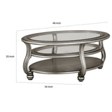 Benzara Oval Wooden and Glass Cocktail Table 2 Open Bottom Shelves, Antique Silver BM227434 Silver Solid Wood and Glass BM227434