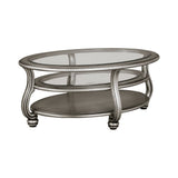 Benzara Oval Wooden and Glass Cocktail Table 2 Open Bottom Shelves, Antique Silver BM227434 Silver Solid Wood and Glass BM227434