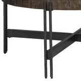 Benzara Round Cocktail Table with Tubular Metal Base, Brown and Gray BM227435 Brown and Gray Solid Wood and Metal BM227435