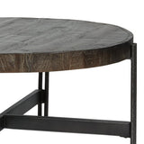 Benzara Round Cocktail Table with Tubular Metal Base, Brown and Gray BM227435 Brown and Gray Solid Wood and Metal BM227435