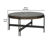 Benzara Round Cocktail Table with Tubular Metal Base, Brown and Gray BM227435 Brown and Gray Solid Wood and Metal BM227435