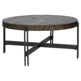 Benzara Round Cocktail Table with Tubular Metal Base, Brown and Gray BM227435 Brown and Gray Solid Wood and Metal BM227435