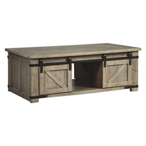 Benzara Wooden Cocktail Table with 3 Cabinets and 2 Barn Sliding Doors, Brown BM227440 Brown Solid Wood and Veneer BM227440