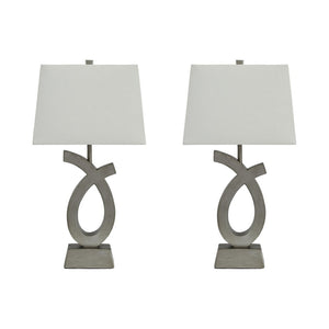 Benzara Scrolled Resin Table Lamp with Rectangular Shade, Set of 2, Gray and White BM227555 Gray and White Resin and Fabric BM227555