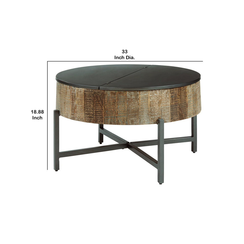 Benzara 19" Wood and Metal Lid Top Round Cocktail Table, Gray and Brown BM227576 Gray, Brown Solid Wood, Metal BM227576