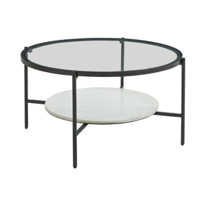 Benzara Glass Top Round Cocktail Table with Marble Shelf, Black and White BM227577 Black, White Metal, Glass, Marble BM227577