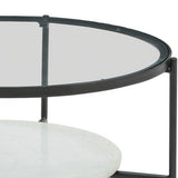 Benzara Glass Top Round Cocktail Table with Marble Shelf, Black and White BM227577 Black, White Metal, Glass, Marble BM227577