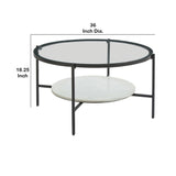 Benzara Glass Top Round Cocktail Table with Marble Shelf, Black and White BM227577 Black, White Metal, Glass, Marble BM227577