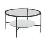 Glass Top Round Cocktail Table with Marble Shelf, Black and White