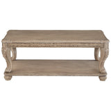 Benzara Wooden Rectangular Coffee Table with Engravings and Bottom Shelf, Brown BM227582 Brown Solid Wood, Veneer, Resin BM227582