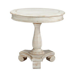 Benzara Wooden Round Accent Table with Pedestal Base, Antique White BM227585 White Solid Wood, Veneer BM227585